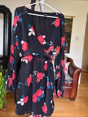 Club Monaco Black Floral Wrap Mini Dress with Red & Blue Accents